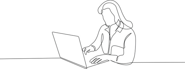 Continuous Line Drawing of a Women Using Laptop at a Table. Minimalist illustration of people working on laptop in black linear sketch isolated on white background.