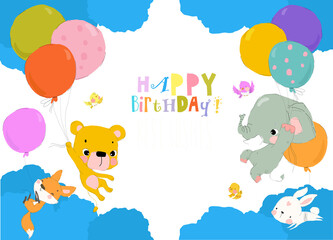 Cartoon Happy Animals flying with Balloons in the Sky. Vector Illustration