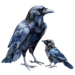 A Mother Raven With Her Kid, watercolor vector, isolated on a white background.