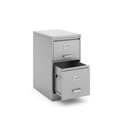 Gray metal filing cabinet with open drawer