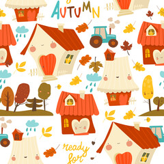 Vector Seamless pattern with cute houses. Autumn trees, roads, houses with pipes and rain clouds