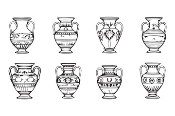 Greek amphora vase with decoration line art and black color