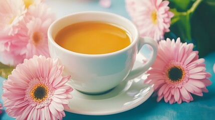 Relaxing Tea Cup with Pink Gerbera Daisies