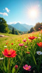 Obraz premium Sun-drenched summer landscape featuring vibrant wildflowers in a lush green meadow, under a clear blue sky Golden hour lighting bathes the scene in warmth , blossom, nature