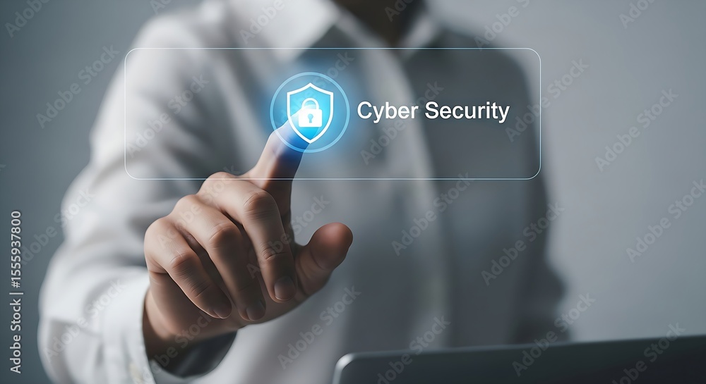 Poster cyber security is displayed with a blue shield and lock interface, accessed via a hand for system pr