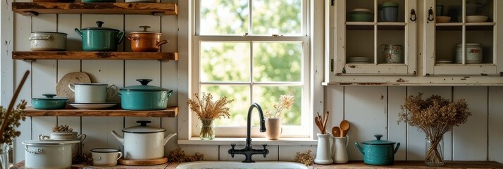 Rustic farmhouse kitchen with vintage cookware and wooden cabinets