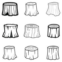 Nine Black and White Tree Stump Illustrations Showing Wood Grain and Different Styles