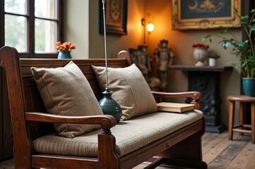 Cozy vintage living room with wooden bench and soft cushions near window
