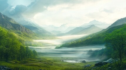 Fototapeta premium Mountain valley shrouded in morning mist