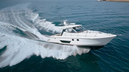 Luxury motor yacht cruising through clear blue waters, leaving a trail of white foam, showcasing sleek design and powerful performance, perfect for leisure and adventure on the open sea