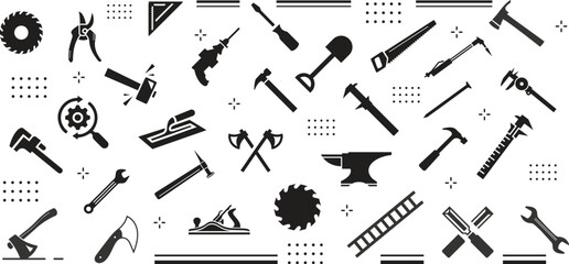 Big Set of Working Tools Icon (Flat Silhouette Version)
