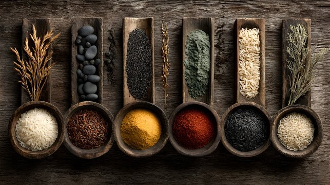 An assortment of colorful grains and spices are artfully displayed in rustic wooden bowls and containers.