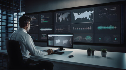 Business intelligence dashboard concept. Executive reviewing KPIs and performance metrics on interactive data visualization screen.