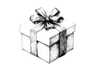 Vintage Christmas gift box with ribbon, engraved hand-drawn black sketch, retro festive holiday decor, seasonal wrapped present illustration, rustic winter art, monochrome drawing, antique motif