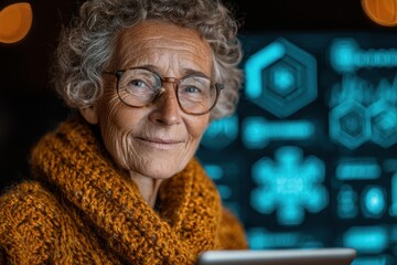 An elderly woman wearing glasses and a scarf using a tablet to track her health statistics