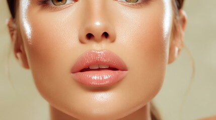 Berry-stained lips in soft blur close-up A close-up of a woman with glowing skin and natural makeup, showcasing beauty and confidence.