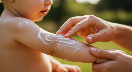 Parent applying sunscreen on child's arm outdoors in summer  