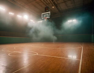 Empty basketball court with dramatic lighting and smoke, basketball court in the stadium