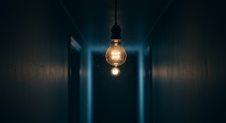 Dimly lit hallway with pendant light bulbs in dark atmosphere  