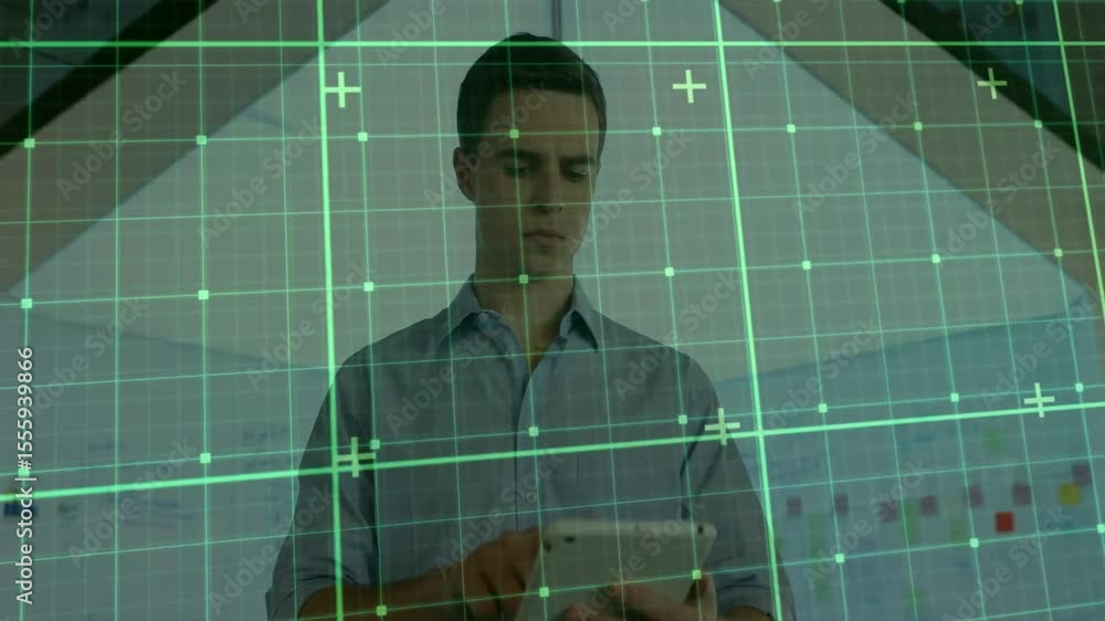 Poster man tapping tablet screen and activating digital grid overlay for technology data analysis