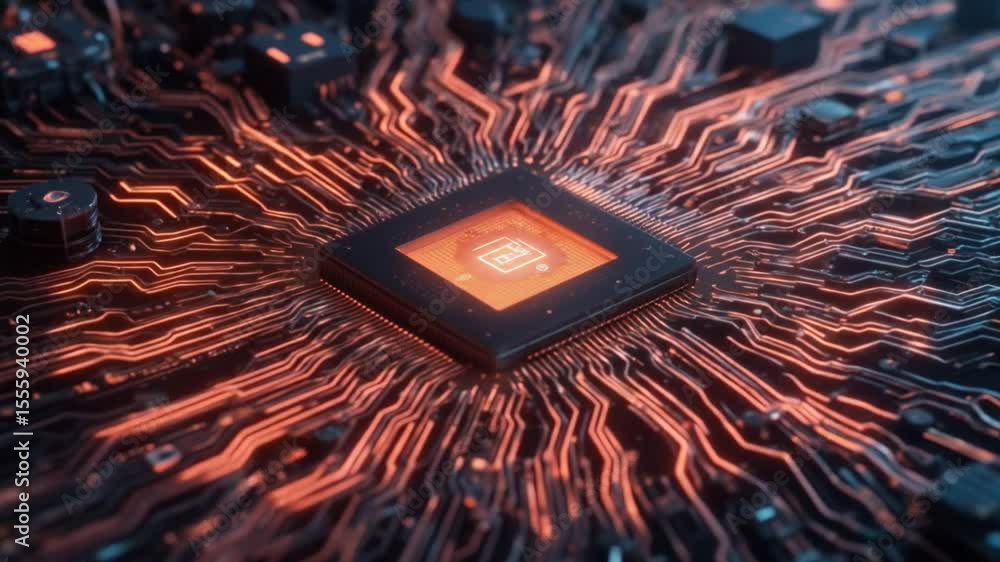 Poster futuristic technology: a close-up view of a glowing central processing unit
