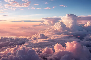 A breathtaking aerial view of clouds at sunset. The serene, dreamlike pink and golden cloudscape creates a beautiful, heavenly sky background generative ai