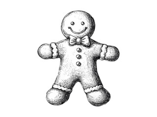 Gingerbread man in old engraving style, retro festive treat, vintage black sketch, Christmas cookie illustration, holiday sweets design, hand-drawn dessert, winter season art