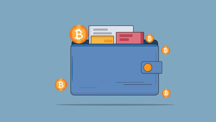blue wallet and bitcoin vector illustration