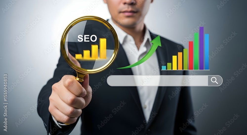 Poster man holding magnifying glass showing seo with chart growth. search engine optimization for digital m