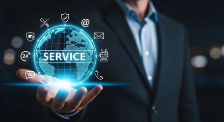 Man holding a glowing digital globe with service icons. Global customer support, online assistance, and technical help concept.