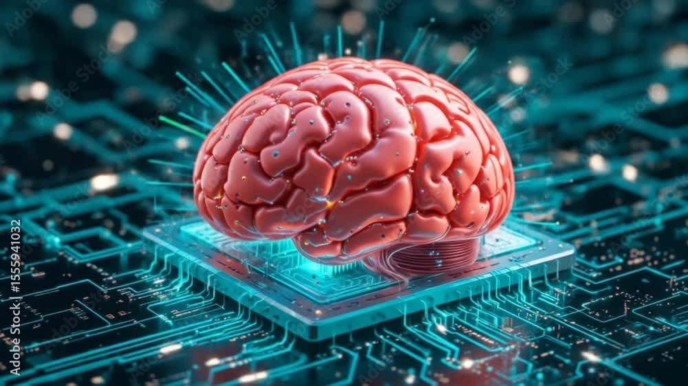 Poster human brain connected to artificial intelligence on computer circuit board