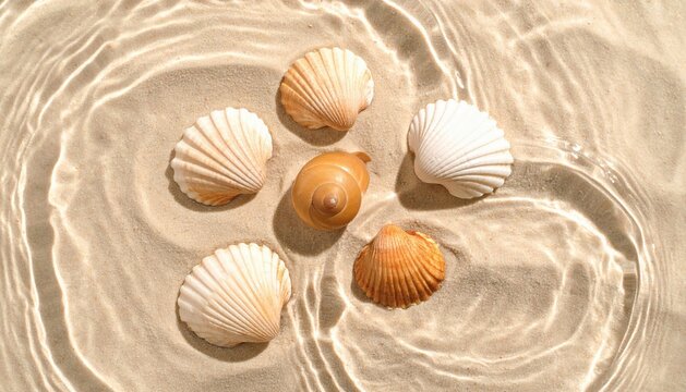 Several small seashells submerged in shallow clear seawater