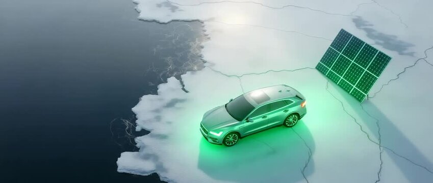 Elektrofahrzeug auf schmelzendem Eis mit Solarpanel &ndash; Symbol f&uuml;r Hoffnung in der Klimakrise. K&uuml;nstliche Intelligenz KI