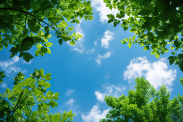 Fototapeta premium Wonderful Beautiful panoramic blue sky and green trees bottom up view