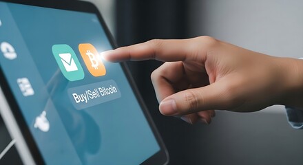 Hand touching a digital tablet screen showing an icon for buying and selling Bitcoin cryptocurrency online investment.