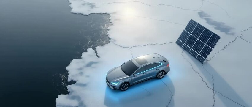 Elektrofahrzeug auf schmelzendem Eis mit Solarpanel &ndash; Symbol f&uuml;r Hoffnung in der Klimakrise. K&uuml;nstliche Intelligenz KI