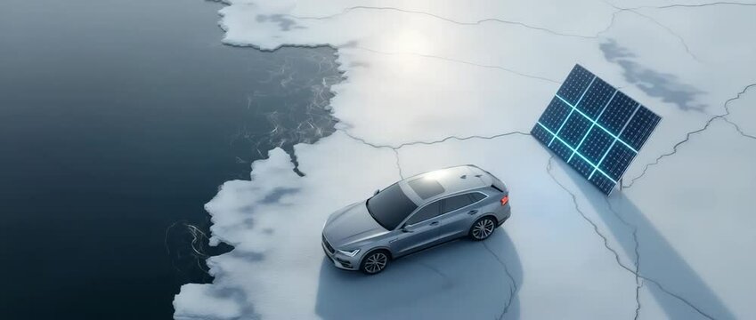 Elektrofahrzeug auf schmelzendem Eis mit Solarpanel &ndash; Symbol f&uuml;r Hoffnung in der Klimakrise. K&uuml;nstliche Intelligenz KI
