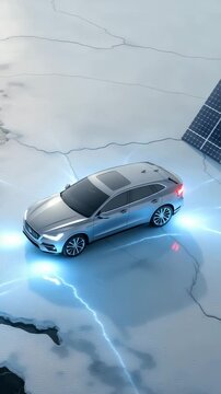 Elektrofahrzeug auf schmelzendem Eis mit Solarpanel &ndash; Symbol f&uuml;r Hoffnung in der Klimakrise. K&uuml;nstliche Intelligenz KI