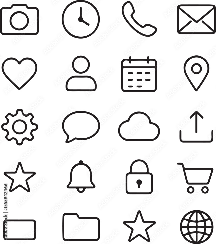 Poster a collection of simple black outline icons representing common digital functions and features arrang