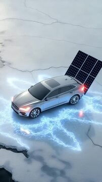 Elektrofahrzeug auf schmelzendem Eis mit Solarpanel &ndash; Symbol f&uuml;r Hoffnung in der Klimakrise. K&uuml;nstliche Intelligenz KI