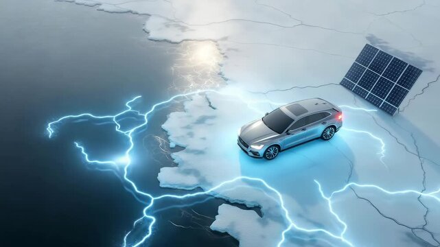 Elektrofahrzeug auf schmelzendem Eis mit Solarpanel &ndash; Symbol f&uuml;r Hoffnung in der Klimakrise. K&uuml;nstliche Intelligenz KI