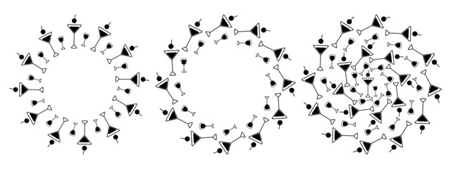 Minimalistic Hand Drawn Cocktail glasses Circular Frame border and Backdrop Copy space Template Set