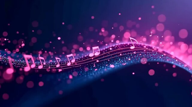 Abstract neon melody notes floating in colorful waves, concept for entertainment, music therapy, and digital audio, zoom out