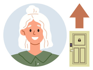 Smiling woman centered, smart locked door on side, upward orange arrow signifying progress or access. Ideal for security, technology, smart homes, privacy, digital solutions, access systems simple