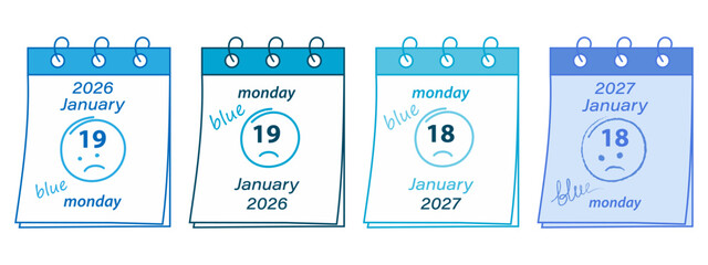 Simple Calendar page with Sad emoticon and Blue Monday Date in January 2026, 2027, 2028, 2029 Bundle