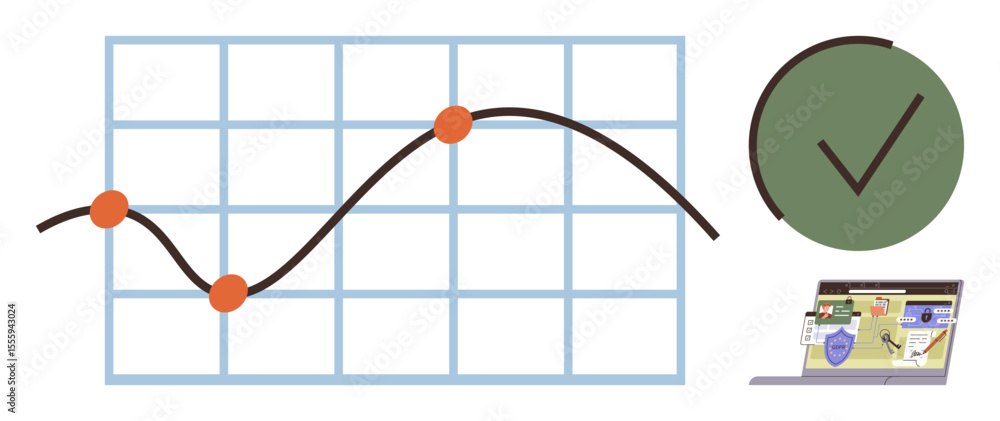 Poster data graph with highlighted points, green circle with check mark, and open laptop analyzing details.