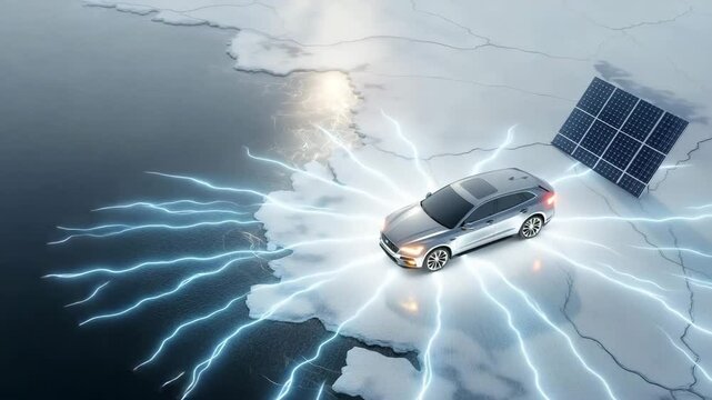 Elektrofahrzeug auf schmelzendem Eis mit Solarpanel &ndash; Symbol f&uuml;r Hoffnung in der Klimakrise. K&uuml;nstliche Intelligenz KI