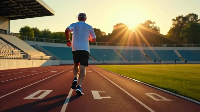 mature man runing on track during sunset, concept of fitness and healthy lifestyle