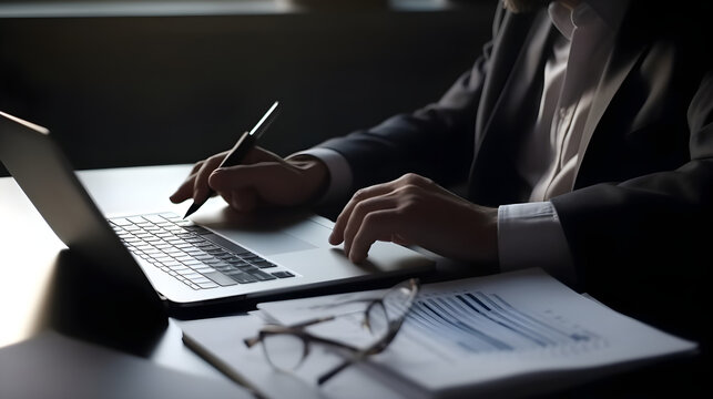 Businessman using laptop computer to audit and evaluate corporate financial statements for Audit business concept. Auditing financial accounts within the organization.
