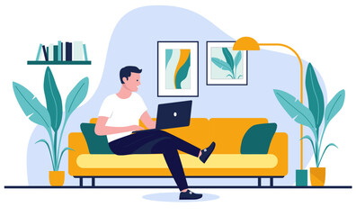 Man relaxing on a couch with a laptop, working or browse in a comfortable home office or living room setting, surrounded by plants and decorative elements. Flat design vector illustration